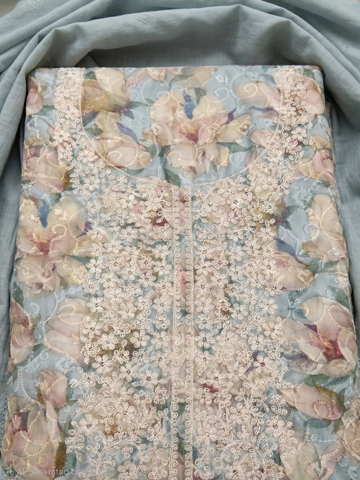 Grey Printed Cotton Blend Unstitched Suit With Pant &amp; Dupatta