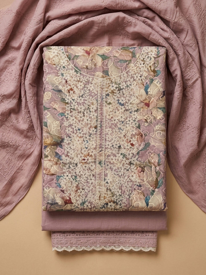 Peach Printed Cotton Blend Unstitched Suit With Pant &amp; Dupatta