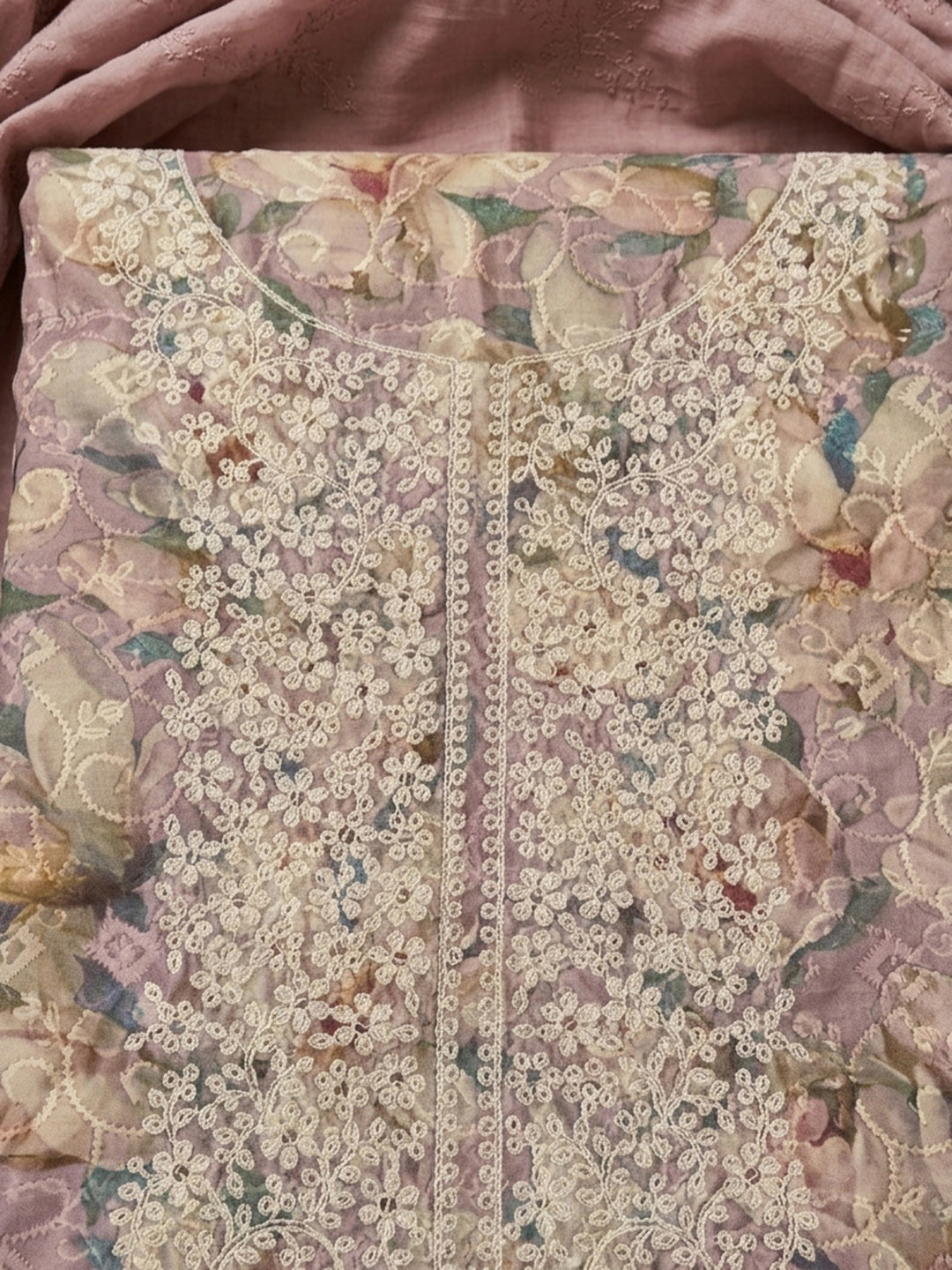 Peach Printed Cotton Blend Unstitched Suit With Pant &amp; Dupatta