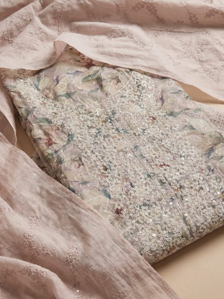 Pink Printed Cotton Blend Unstitched Suit With Pant &amp; Dupatta