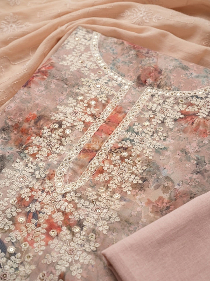 Peach Embroidered Cotton Blend Unstitched Suit With Pant &amp; Dupatta