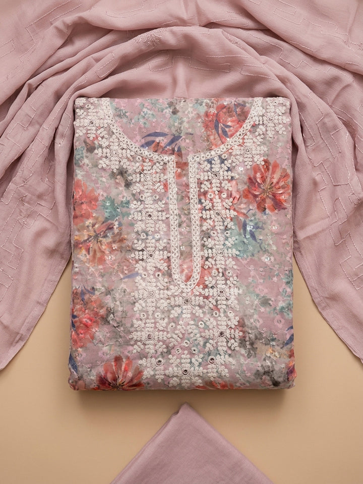 Pink Embroidered Cotton Blend Unstitched Suit With Pant &amp; Dupatta
