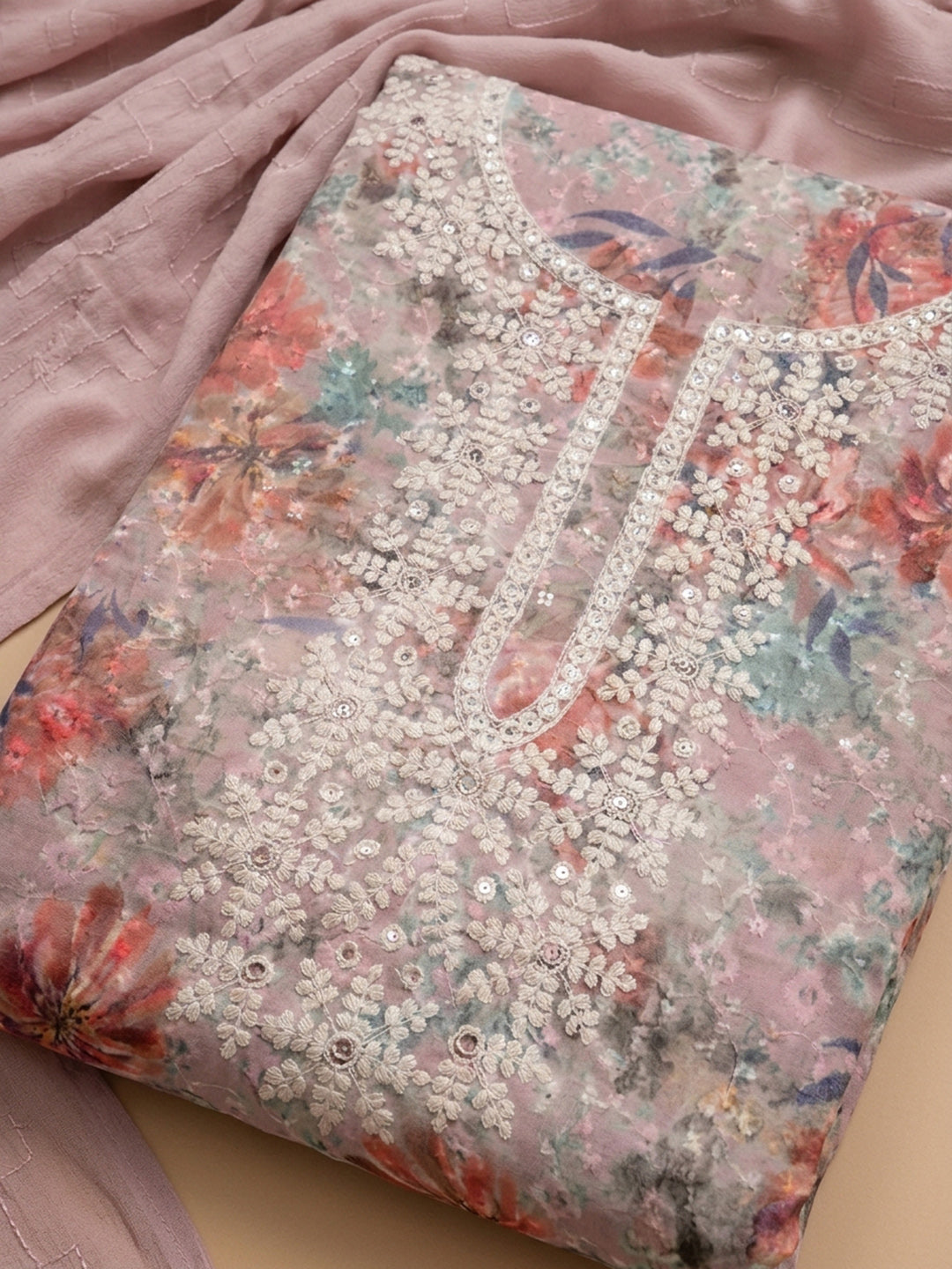 Pink Embroidered Cotton Blend Unstitched Suit With Pant &amp; Dupatta