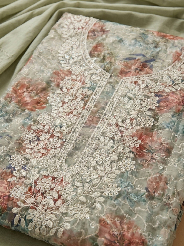 Aqua Green Embroidered Cotton Blend Unstitched Suit With Pant &amp; Dupatta
