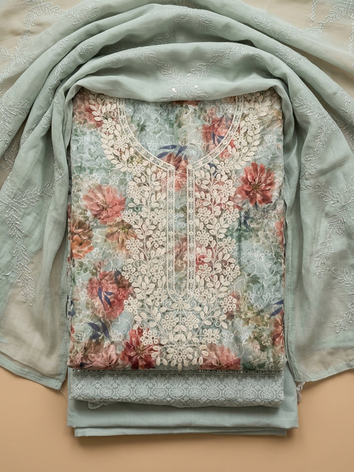Grey Embroidered Cotton Blend Unstitched Suit With Pant &amp; Dupatta