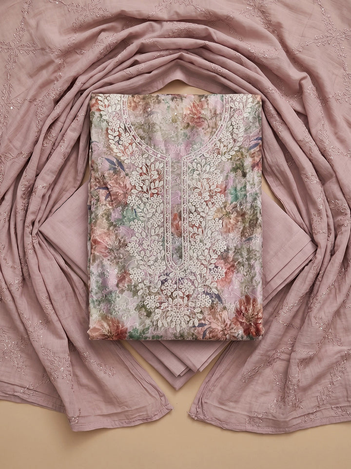 Peach Embroidered Cotton Blend Unstitched Suit With Pant &amp; Dupatta
