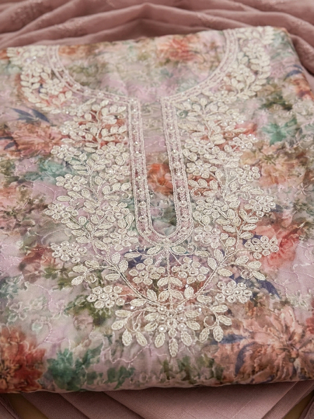 Peach Embroidered Cotton Blend Unstitched Suit With Pant &amp; Dupatta