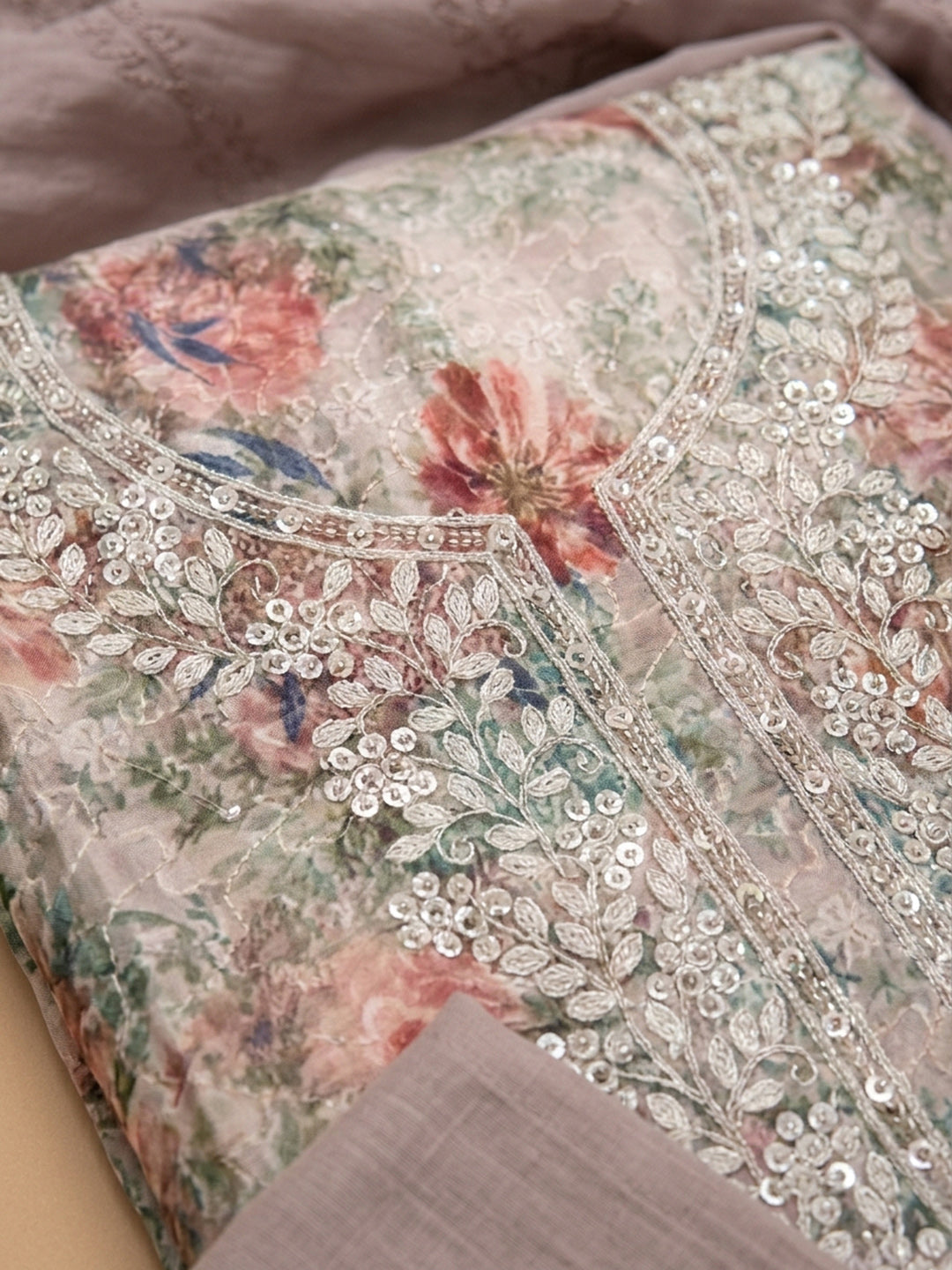 Pink Embroidered Cotton Blend Unstitched Suit With Pant &amp; Dupatta
