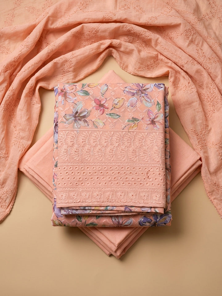 Peach Printed Cotton Blend Unstitched Suit With Pant &amp; Dupatta