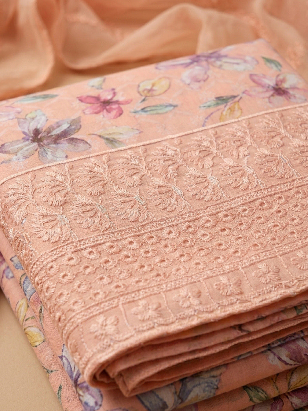Peach Printed Cotton Blend Unstitched Suit With Pant &amp; Dupatta