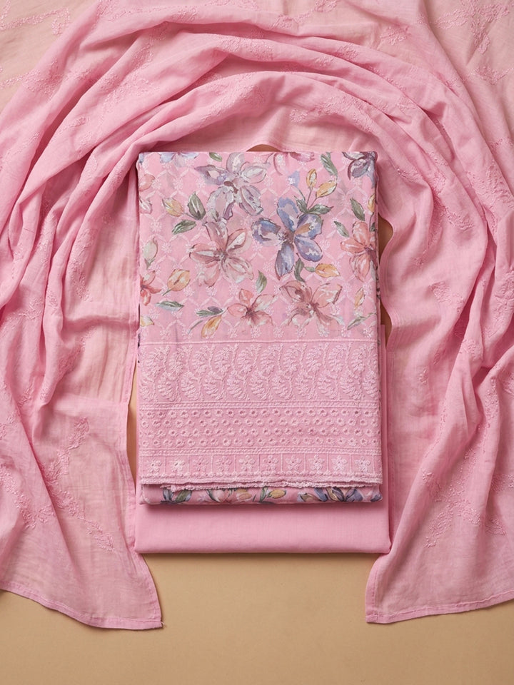 Pink Printed Cotton Blend Unstitched Suit With Pant &amp; Dupatta