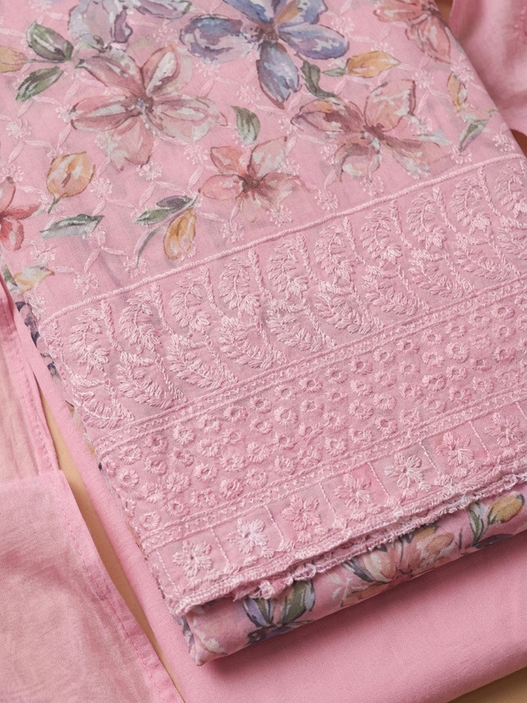 Pink Printed Cotton Blend Unstitched Suit With Pant &amp; Dupatta