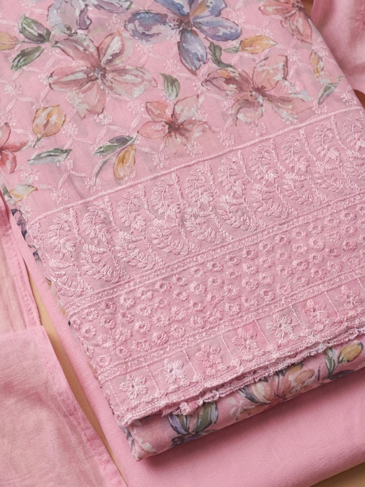 Pink Printed Cotton Blend Unstitched Suit With Pant &amp; Dupatta