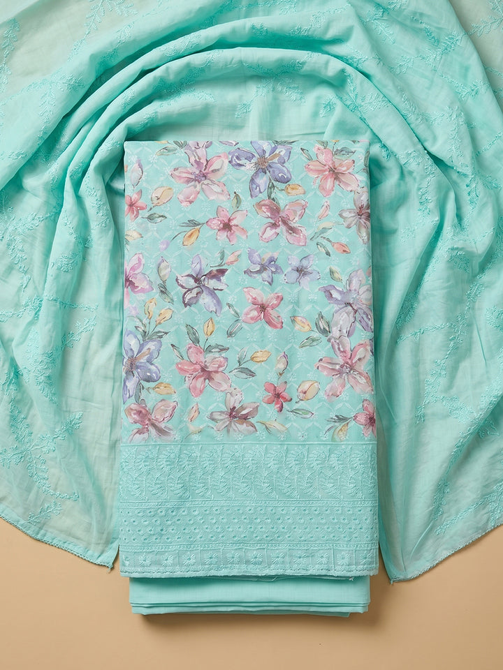 Sea Green Printed Cotton Blend Unstitched Suit With Pant &amp; Dupatta