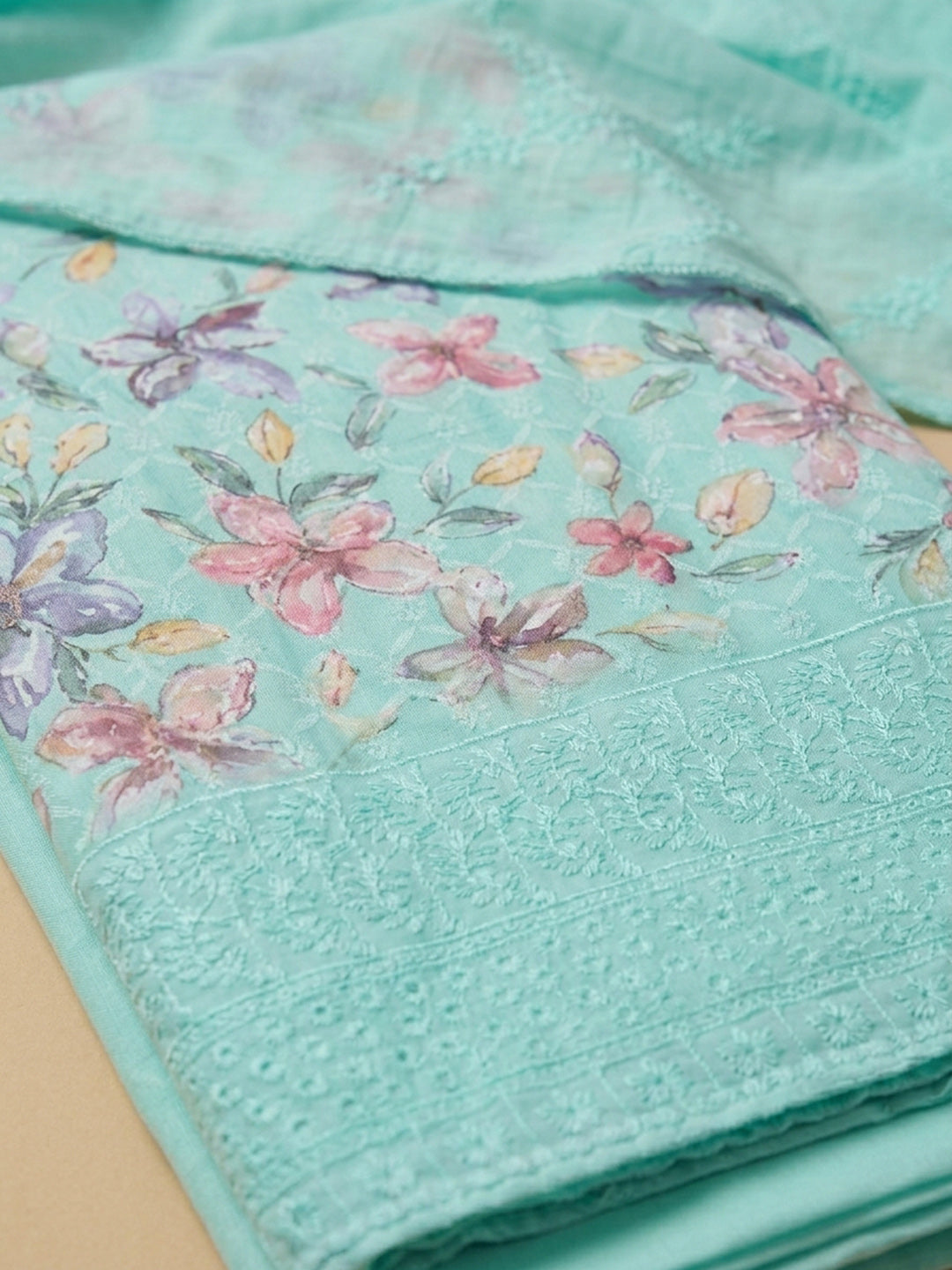 Sea Green Printed Cotton Blend Unstitched Suit With Pant &amp; Dupatta