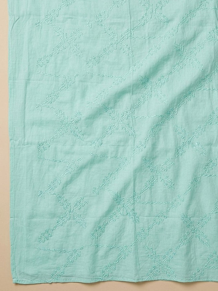 Sea Green Printed Cotton Blend Unstitched Suit With Pant &amp; Dupatta
