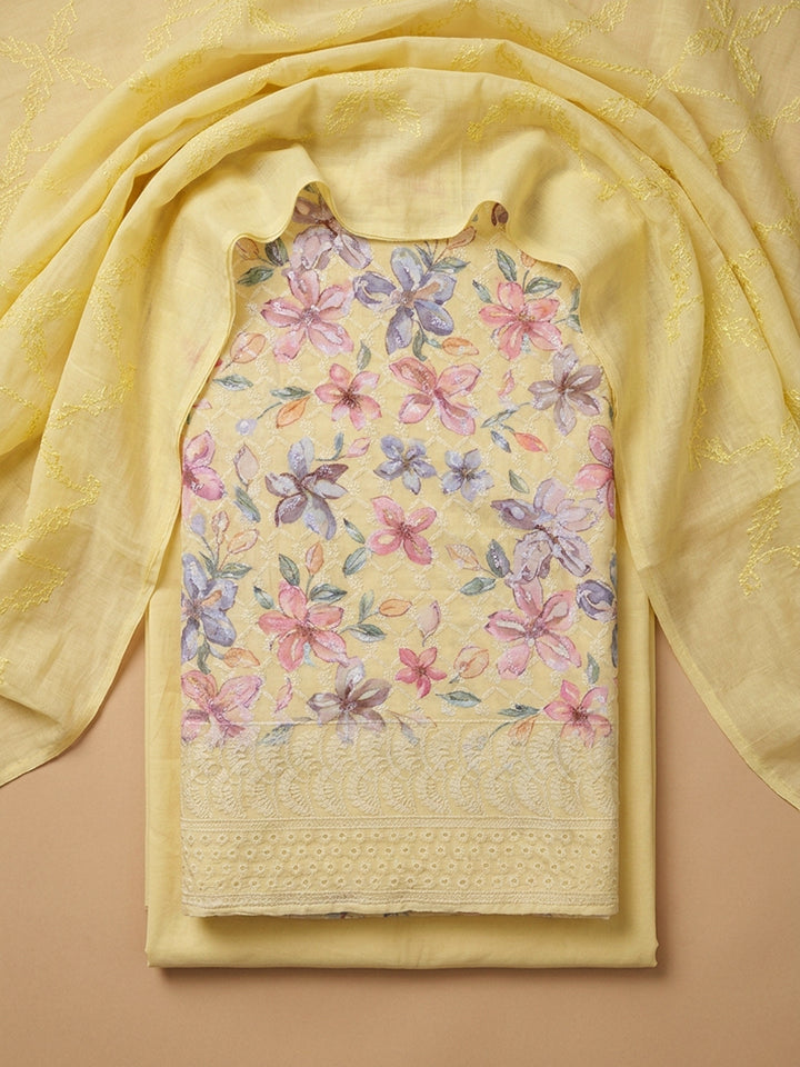 Yellow Printed Cotton Blend Unstitched Suit With Pant &amp; Dupatta