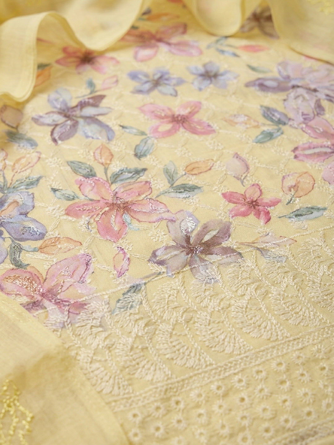 Yellow Printed Cotton Blend Unstitched Suit With Pant &amp; Dupatta