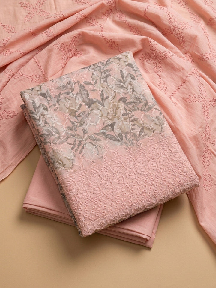 Peach Printed Cotton Blend Unstitched Suit With Pant &amp; Dupatta