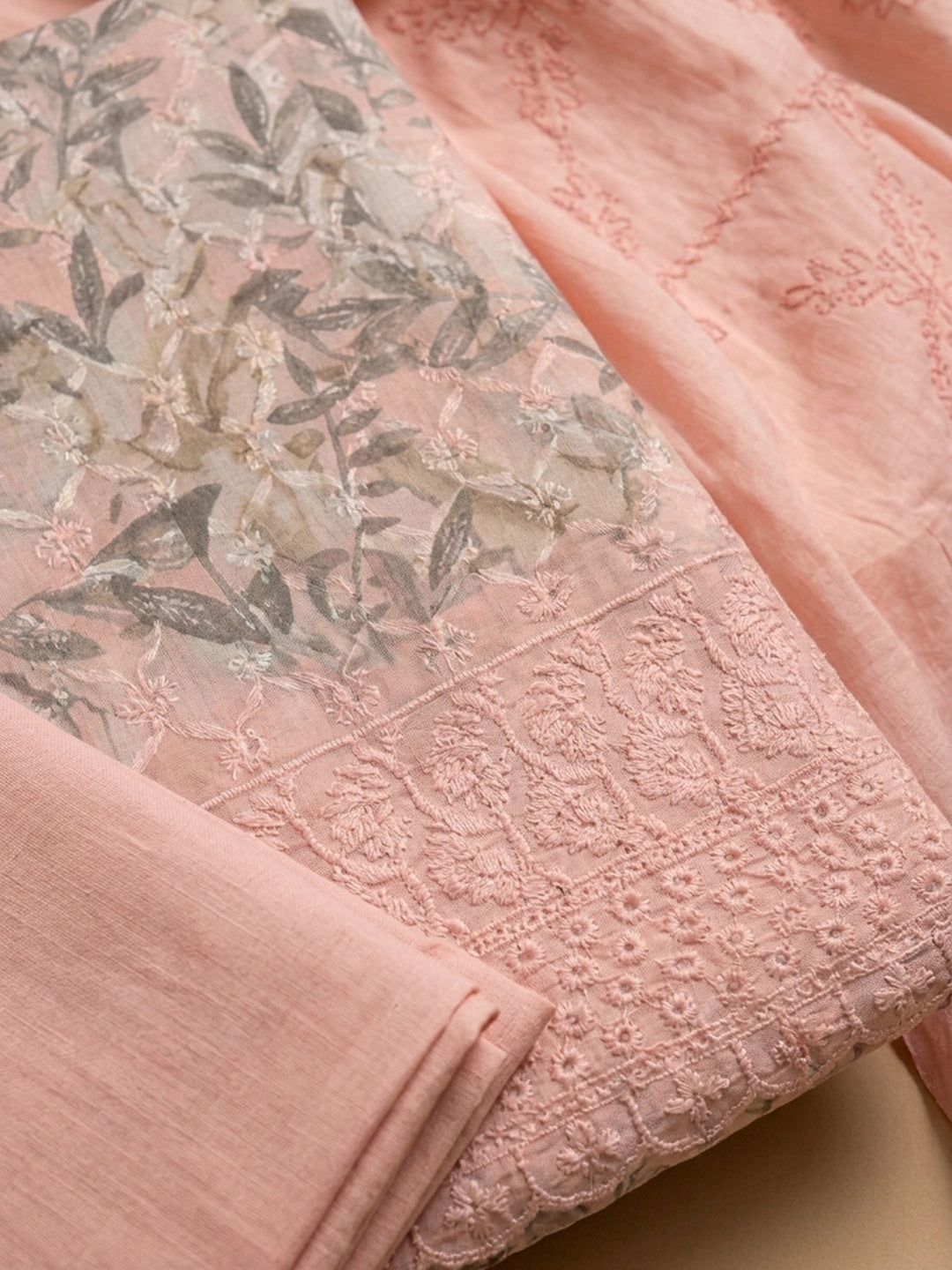 Peach Printed Cotton Blend Unstitched Suit With Pant &amp; Dupatta