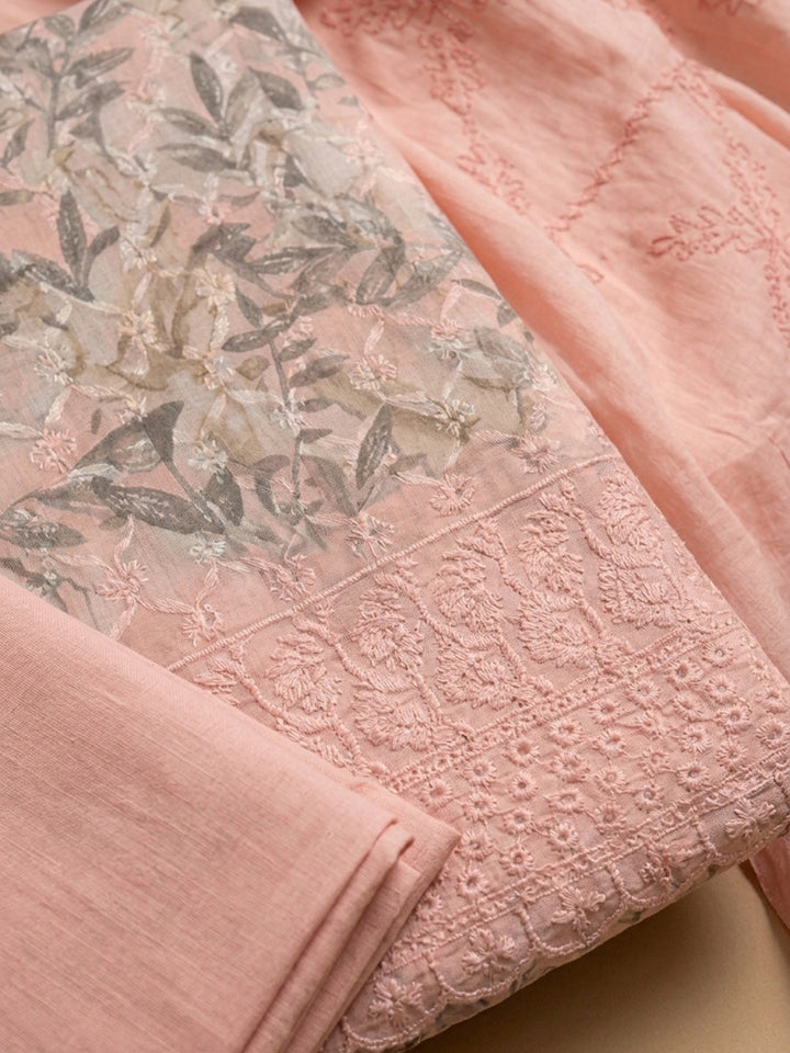 Peach Printed Cotton Blend Unstitched Suit With Pant &amp; Dupatta
