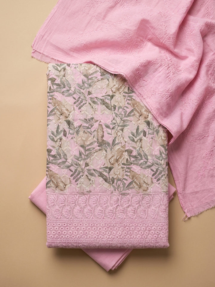 Pink Printed Cotton Blend Unstitched Suit With Pant &amp; Dupatta
