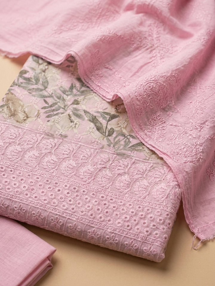 Pink Printed Cotton Blend Unstitched Suit With Pant &amp; Dupatta