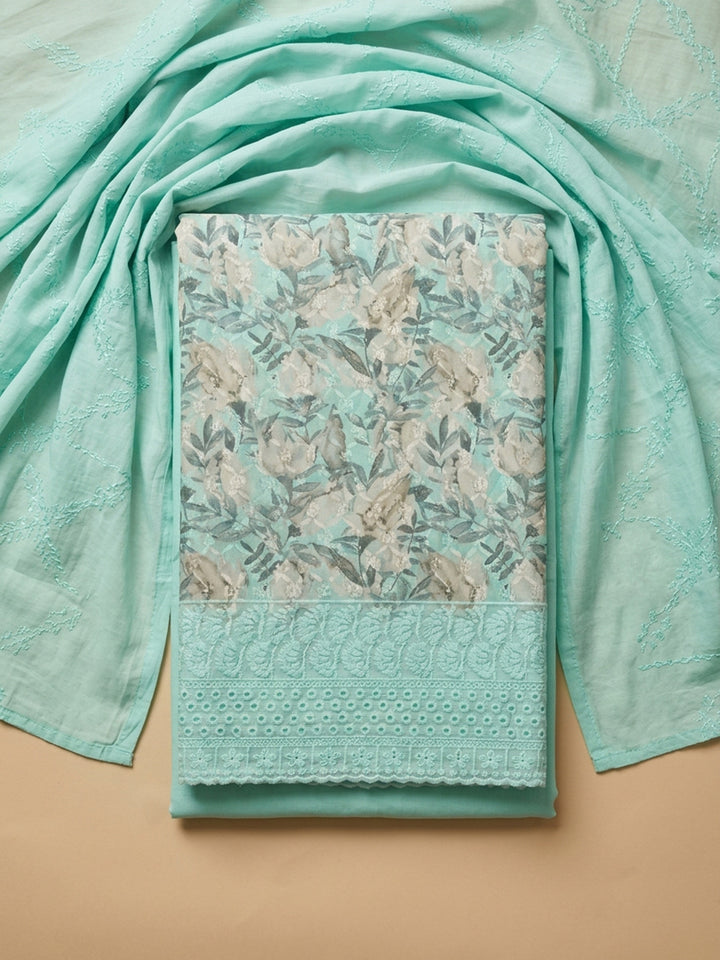 Sea Green Printed Cotton Blend Unstitched Suit With Pant &amp; Dupatta