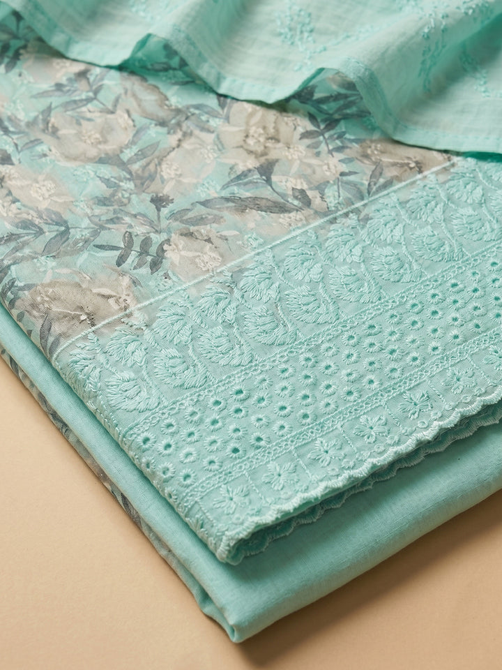 Sea Green Printed Cotton Blend Unstitched Suit With Pant &amp; Dupatta