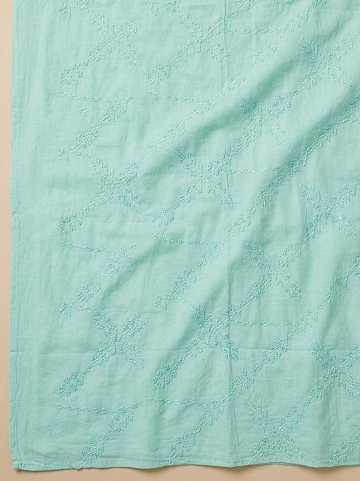 Sea Green Printed Cotton Blend Unstitched Suit With Pant &amp; Dupatta