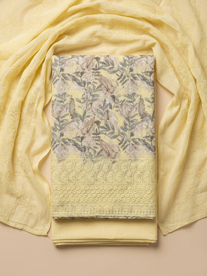 Yellow Printed Cotton Blend Unstitched Suit With Pant &amp; Dupatta
