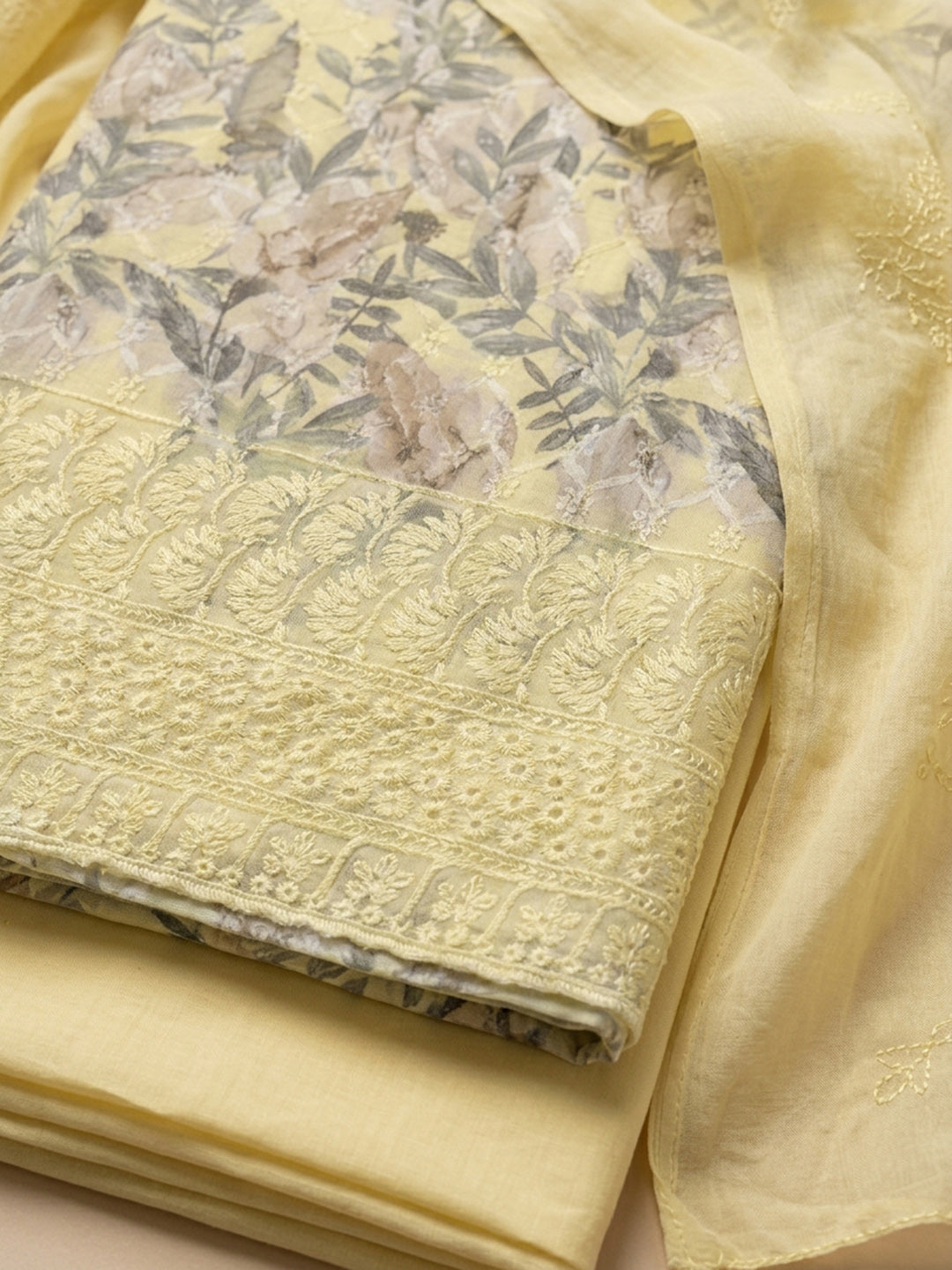 Yellow Printed Cotton Blend Unstitched Suit With Pant &amp; Dupatta