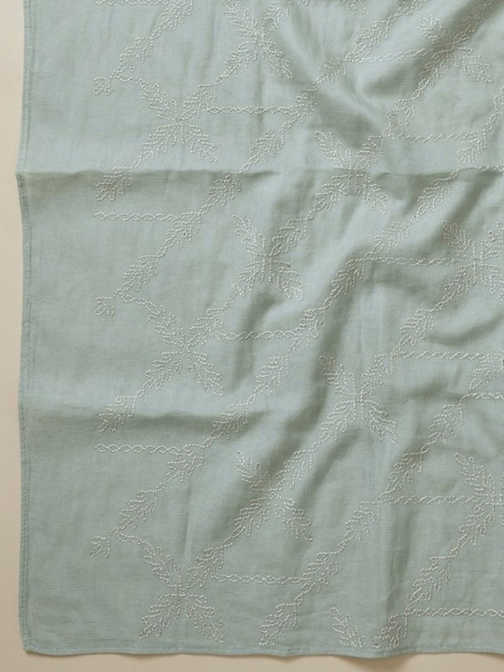 Aqua Blue Printed Cotton Blend Unstitched Suit With Pant &amp; Dupatta