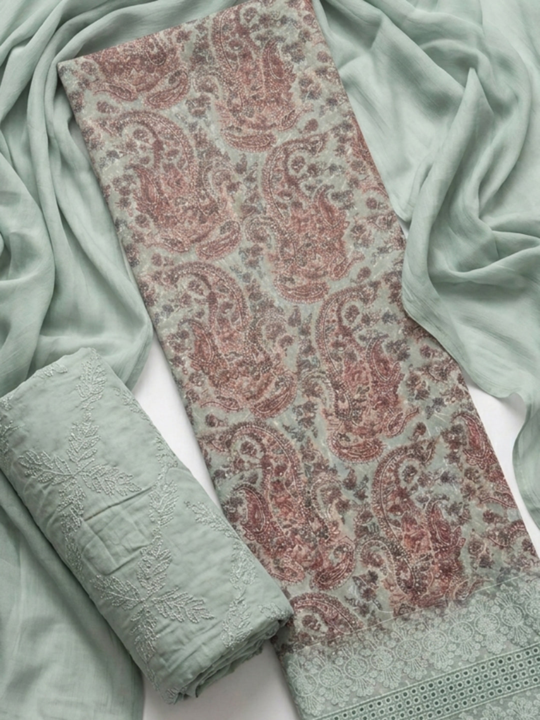 Aqua Blue Printed Cotton Blend Unstitched Suit With Pant &amp; Dupatta
