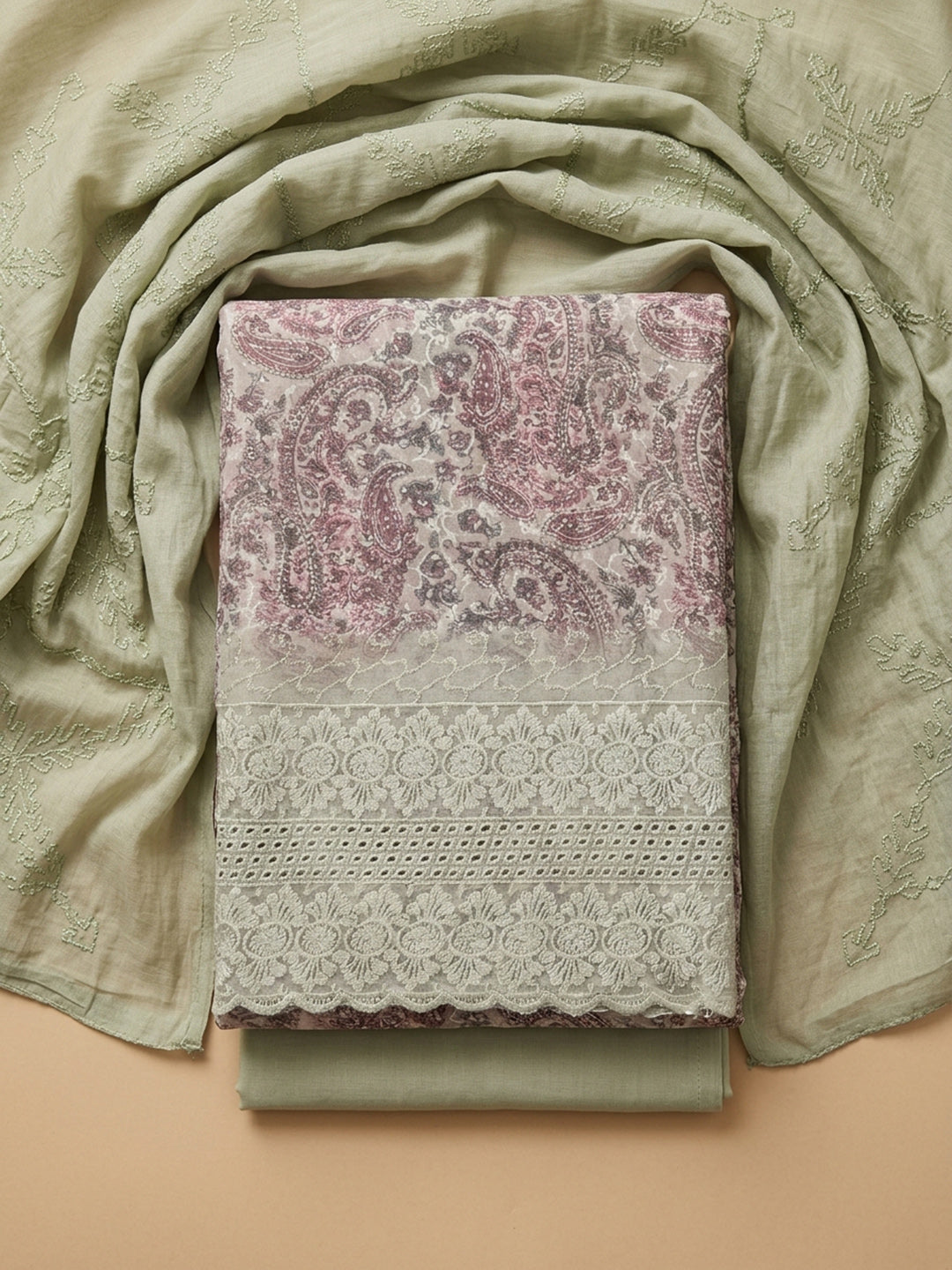 Aqua Green Printed Cotton Blend Unstitched Suit With Pant &amp; Dupatta