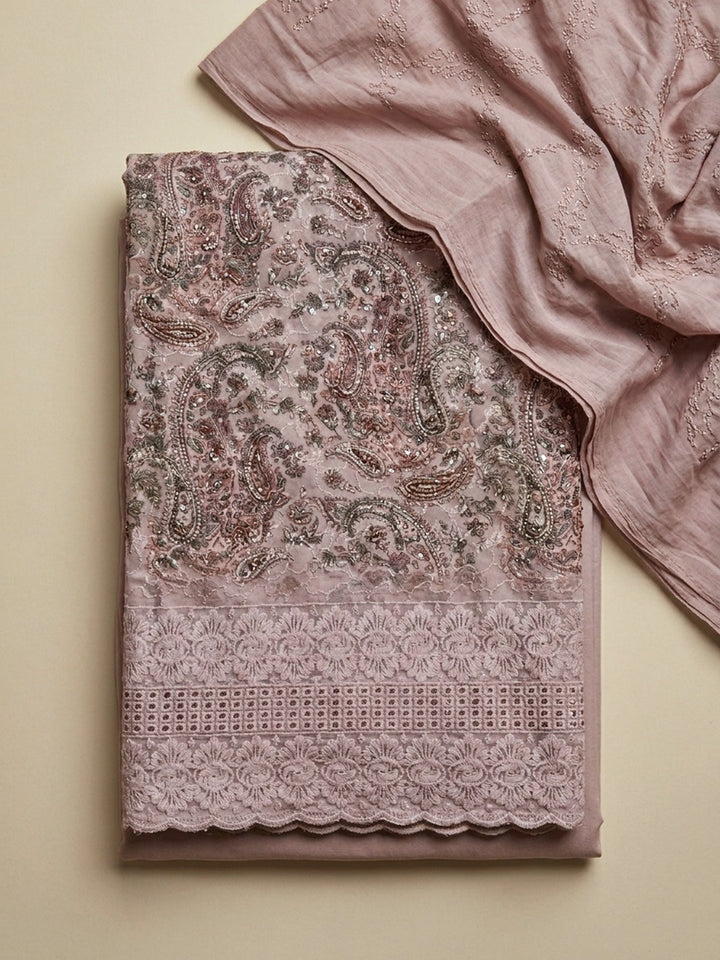 Dusty Pink Printed Cotton Blend Unstitched Suit With Pant &amp; Dupatta