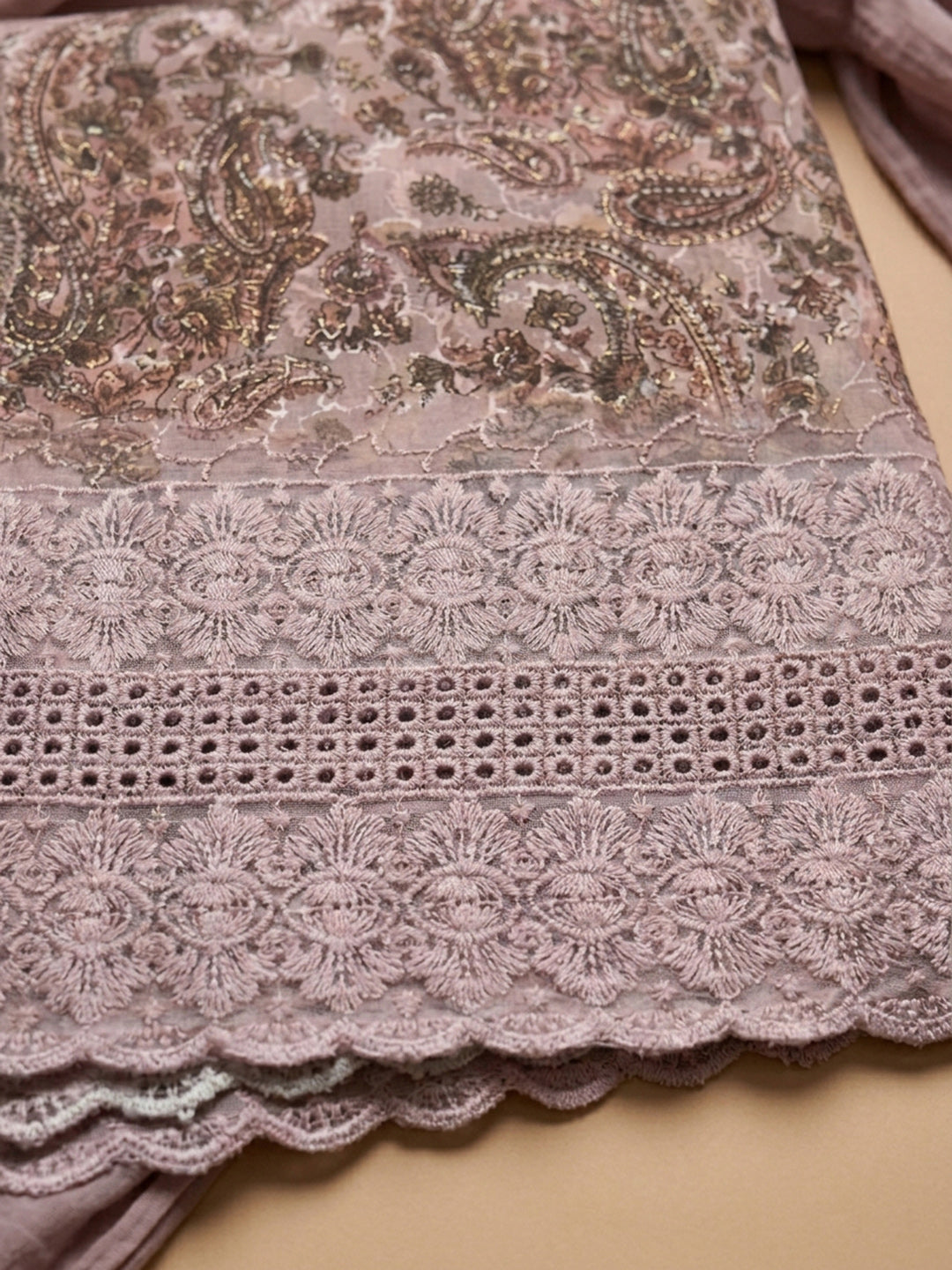 Dusty Pink Printed Cotton Blend Unstitched Suit With Pant &amp; Dupatta