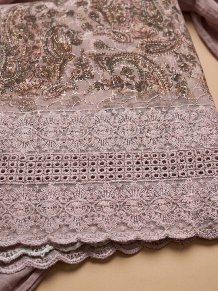 Dusty Pink Printed Cotton Blend Unstitched Suit With Pant &amp; Dupatta