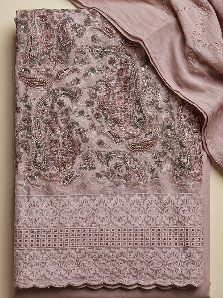 Dusty Pink Printed Cotton Blend Unstitched Suit With Pant &amp; Dupatta