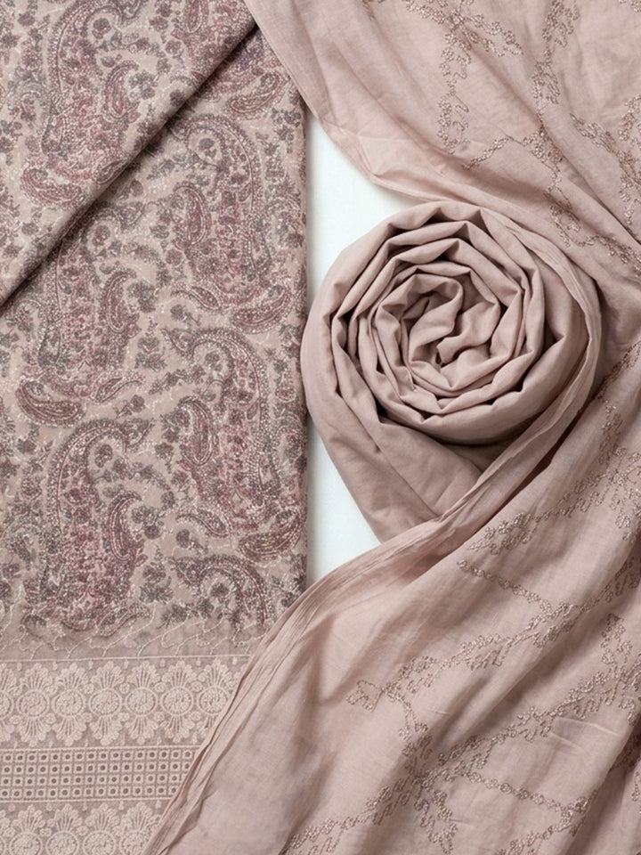 Peach Printed Cotton Blend Unstitched Suit With Pant &amp; Dupatta