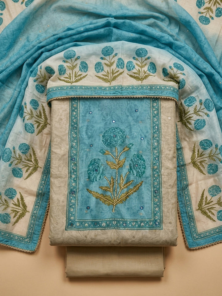 Blue Printed Chanderi Unstitched Suit With Pant &amp; Dupatta