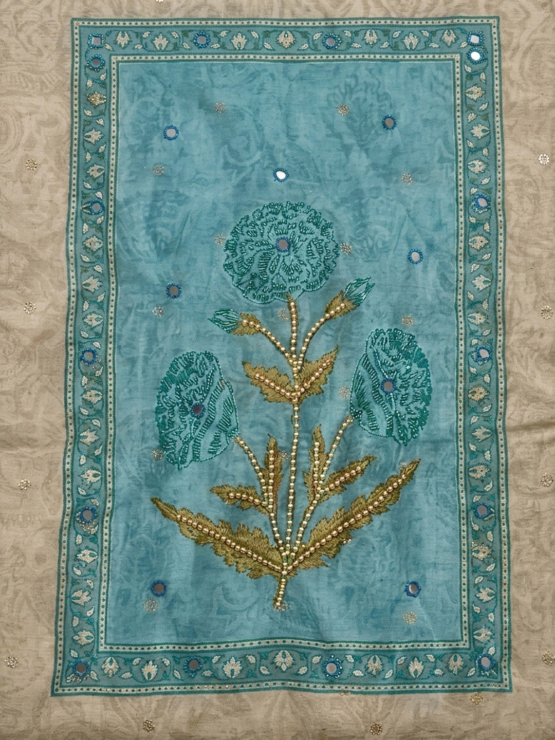 Blue Printed Chanderi Unstitched Suit With Pant &amp; Dupatta