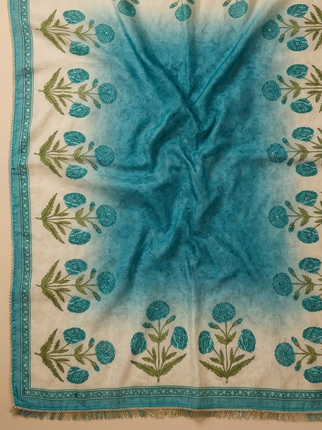 Blue Printed Chanderi Unstitched Suit With Pant &amp; Dupatta