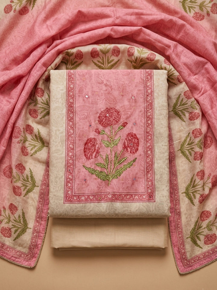 Onion Pink Printed Chanderi Unstitched Suit With Pant &amp; Dupatta