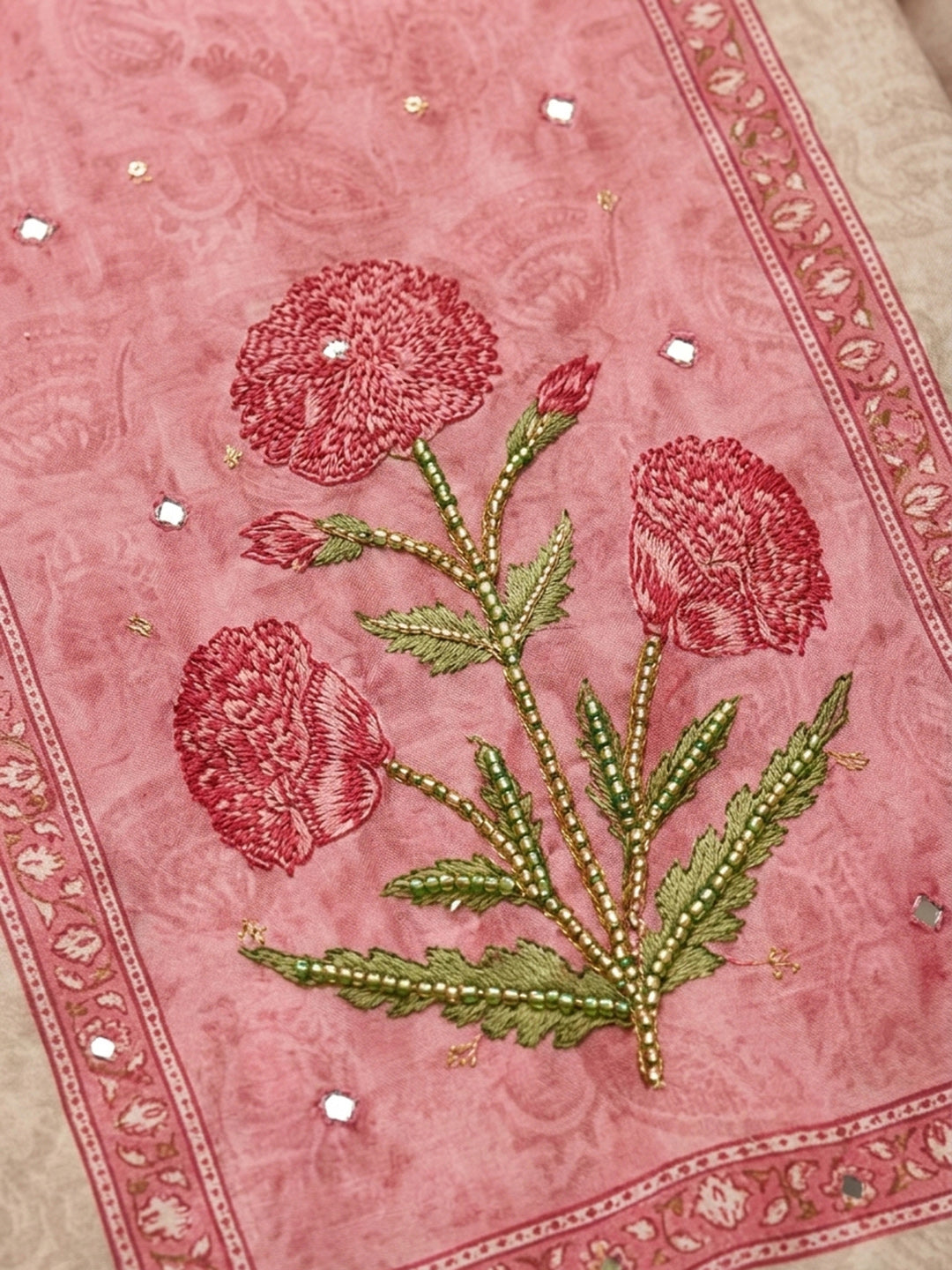 Onion Pink Printed Chanderi Unstitched Suit With Pant &amp; Dupatta
