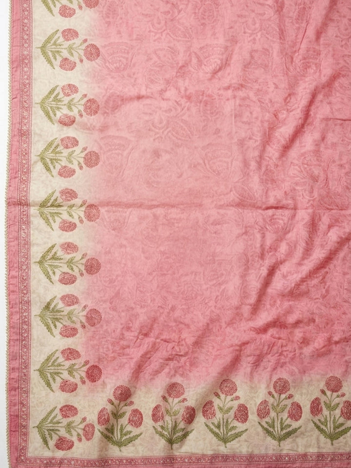 Onion Pink Printed Chanderi Unstitched Suit With Pant &amp; Dupatta