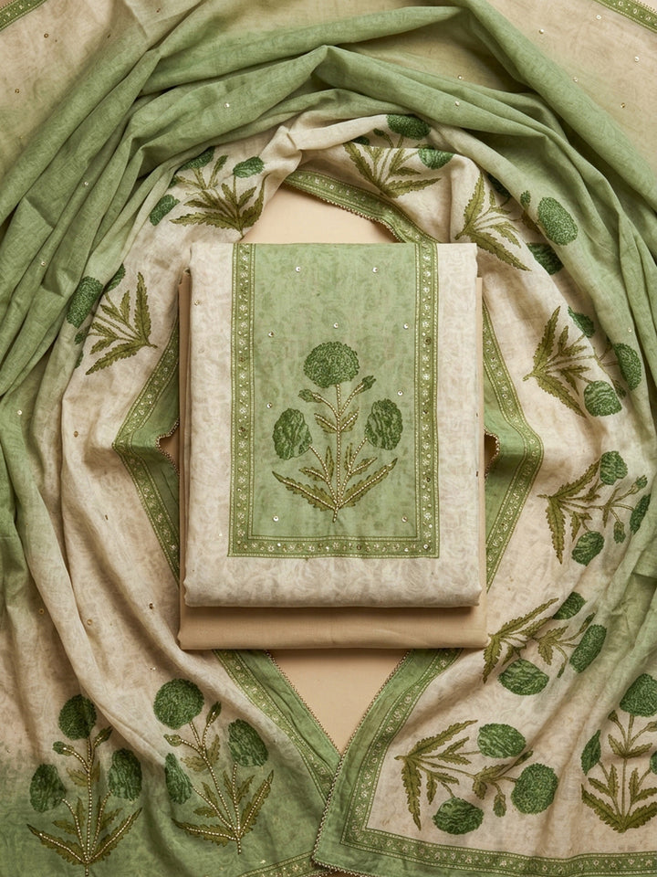 Pista Green Printed Chanderi Unstitched Suit With Pant &amp; Dupatta