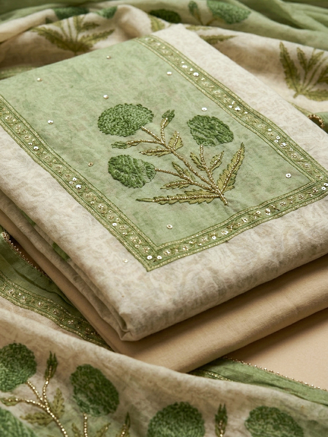Pista Green Printed Chanderi Unstitched Suit With Pant &amp; Dupatta