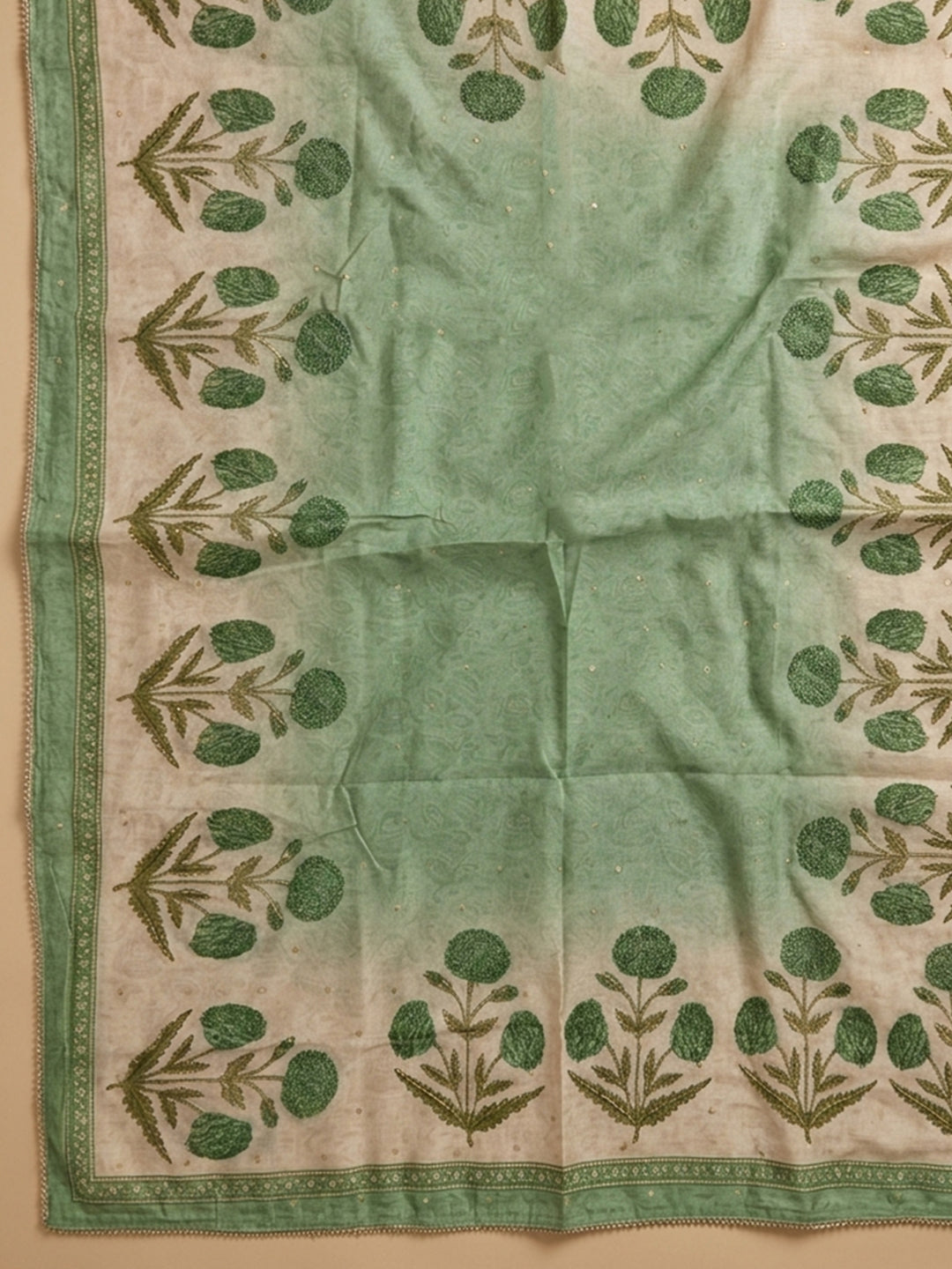 Pista Green Printed Chanderi Unstitched Suit With Pant &amp; Dupatta