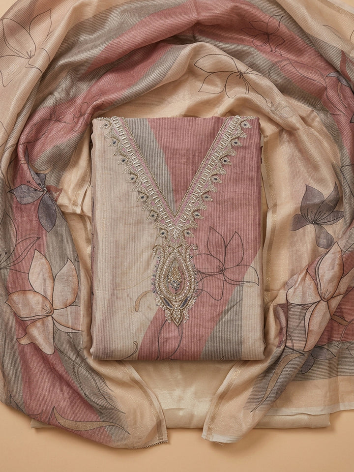 Onion Pink Embroidered Chanderi Unstitched Suit With Pant &amp; Dupatta